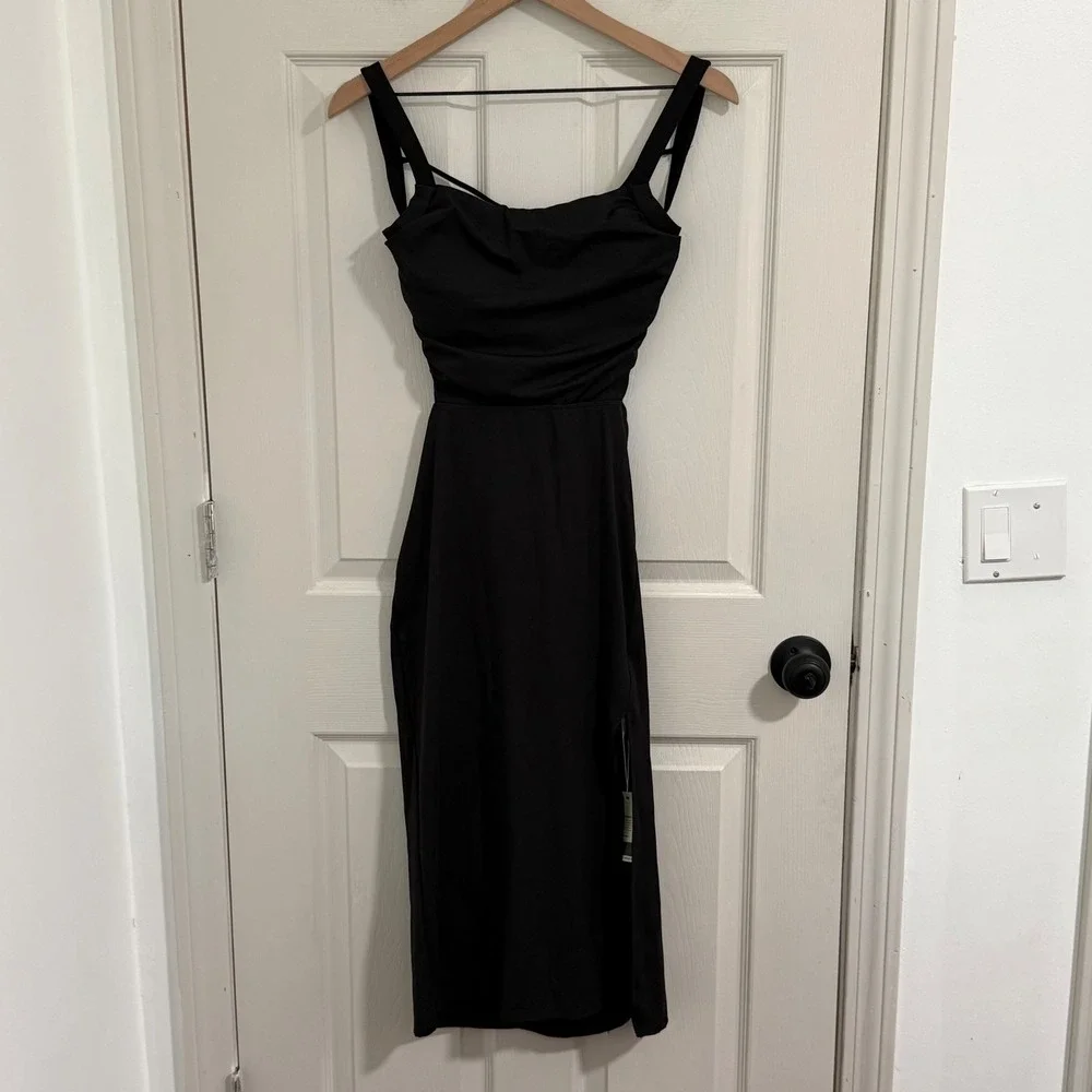 Halara Ruched Lace Up Bodycon Midi Dress Small Black NWT Side Slit Open Back